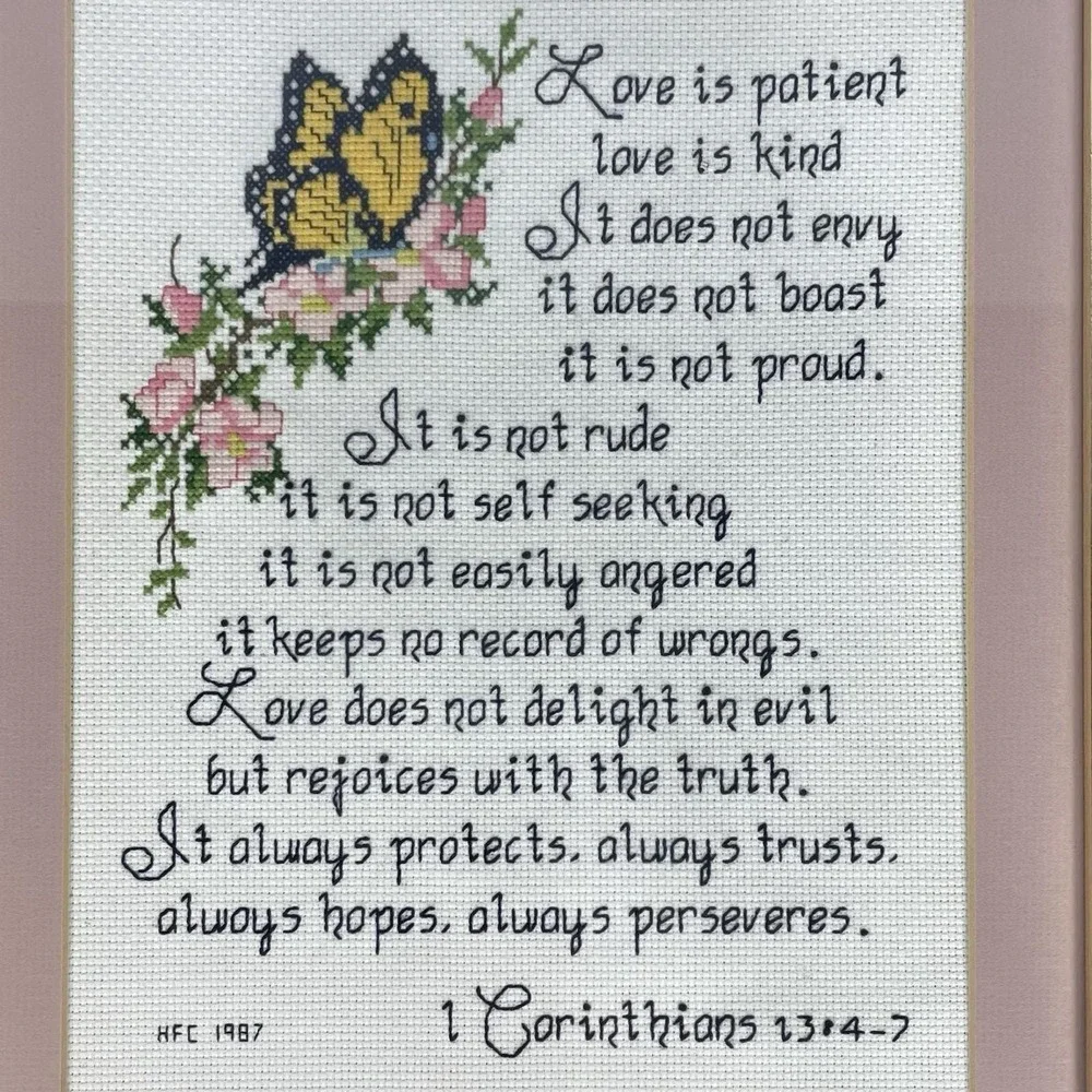Vintage 1987 1 Corinthians 13:4-7 Cross Stitch Framed Scripture Wall Art